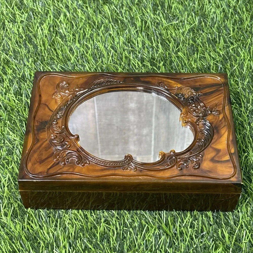 Vintage MCM Faux Tortoise Lucite Mirrored Jewelry Box Baroque Vanity Trinket